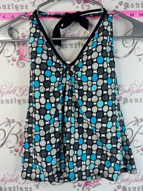 Nautica Tankini top swim pool Black, White & Turquoise Polka Dot Halter Tank
